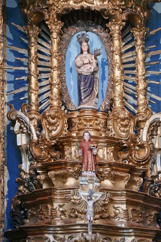 DC 22-0810-015.jpg :: Saga Douro River Cruise, Santuario de Nossa Senhora dos Remedios and Regua:  Ornate interior of the Santuário de Nossa Senhora dos Remédios (Sanctuary of Our Lady of Remedies) in Lamego, Portugal. The sanctuary is a significant pilgrimage site and considered an important part of Portuguese heritage. The interior features a richly carved, gilded altar, which is considered a work of art. The overall architectural style is Baroque. Photo taken 03/09/2022