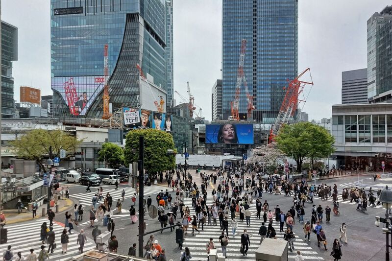 DC 23-0677-048.jpg :: Iglu Tour, Ultimate Japan & Cherry Blossom: Tokyo, Japan. The most famous pedestrian crossing in Tokyo is the Shibuya Crossing, also known as the Shibuya Scramble Crossing. It's the world's busiest pedestrian crossing, with thousands of people crossing simultaneously when the lights turn red for cars. This iconic landmark is located in front of Shibuya Station's Hachiko exit and is a must-see for any visitor to Tokyo. View from 1st floor Starbucks Coffee. Photo taken 31/03/2023