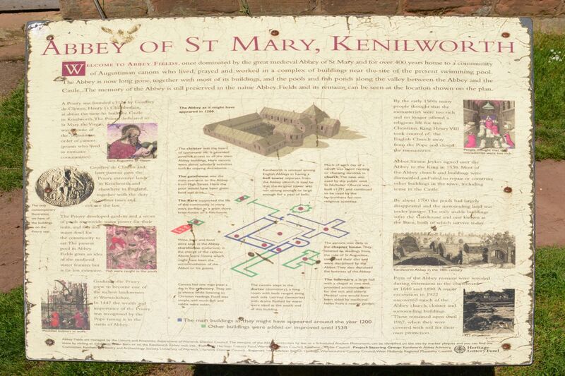 DC 24-0723-001.jpg :: St Mary's Abbey, Kenilworth, Warwickshire: Information board giving detail on St Mary's Abbey, Kenilworth. Photo taken 19/05/2024