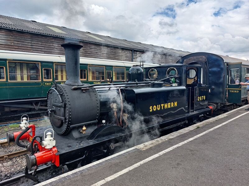 DC 24-0737-013.jpg :: Kent and East Sussex Railway: Tenterden Town Railway Station. Steam locomotive 2678 Southern at Kent & East Sussex Railway 27/04/2025 2678 is an A1X “Terrier” Class 0-6-0 tank engine built in 1880 by the London, Brighton & South Coast Railway and then known as No. 78 “Knowle”. As No 78, the locomotive entered service on 23 July 1880. Between that date and the formation of the Southern Railway in 1923, \