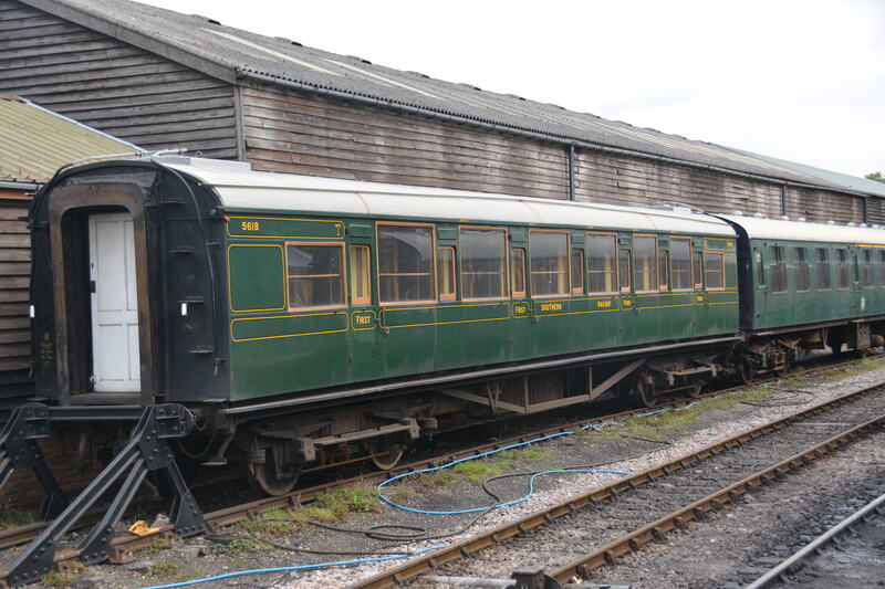 DC 24-0737-029.jpg :: Kent and East Sussex Railway: Tenterden Town Railway Station. Maunsell Carriage 5618 of Kent & South Essex Railway. The Southern Railway Maunsell carriage was the first design family of railway carriages built by Richard Maunsell for the Southern Railway (SR) in the United Kingdom. The Maunsell carriage was intended to be the standard carriage design for use across the Southern Railway lines. Photo taken 04-09-2024
