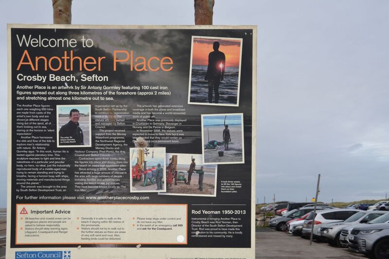 DC 24-0746-021.jpg :: Crosby Beach, Merseyside: Crosby Beach is part of the Merseyside coastline north of Liverpool in the Metropolitan Borough of Sefton, England, stretching about 2.5 miles (4.0 km) North-West from the Seaforth Dock in the Port of Liverpool, through Waterloo, where it separates the sea from the Marina. The beach was awarded Keep Britain Tidy's Quality Coast Award in 2011. Since 2007, the beach has been the permanent home of the Another Place sculptures by Antony Gormley. Notice board detailing Antony Gormley's art work 'Another Place'. Photo taken 27/10/2024