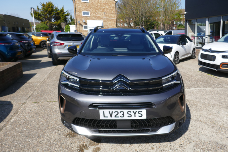 DC 25-0770-002.jpg :: 2025 Citroen C5 Aircross Hybrid Shine. Website owners brand new car being picked up from Wilmoths Car Sales, a Citroen main dealer in Crayford, Kent. Reg No.LV23SYS. The Citroen C5 Aircross in some other languages, is a compact crossover SUV produced by the French automaker Citroën since late 2017. It started as the Citroën Aircross concept car which was unveiled at the 2015 Shanghai Auto Show. The production version was officially presented for the Chinese market at the 2017 Shanghai Auto Show. In Europe, the model was presented at the 2018 Geneva Motor Show, and sales began later that year with the 2019 model. In 2018 production of the C5 Aircross started as well in France at the PSA plant in Rennes. The model takes advantage of the 100-million-euro investment share of Groupe PSA. The C5 Aircross is also assembled in India as CKD since January 2021. Photo taken 17-04-2023