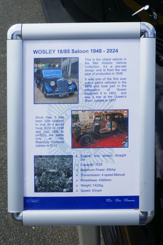 DC 25-0777-006.jpg :: Marlow House, Sidcup, Historic Police Cars Display: A Met Police preserved Wolseley 18/85 dating from 1948. Part of the Metropolitan Police Historic Vehicle Collection. Reg No. KLE 772. This is the oldest vehicle in the Met Historic Vehicle Collection. It was one of the first ever police patrol vehicles in the Met police and took part in the coronation of Queen Elizabeth II in 1953. Car details. Photo taken 08-06-2025