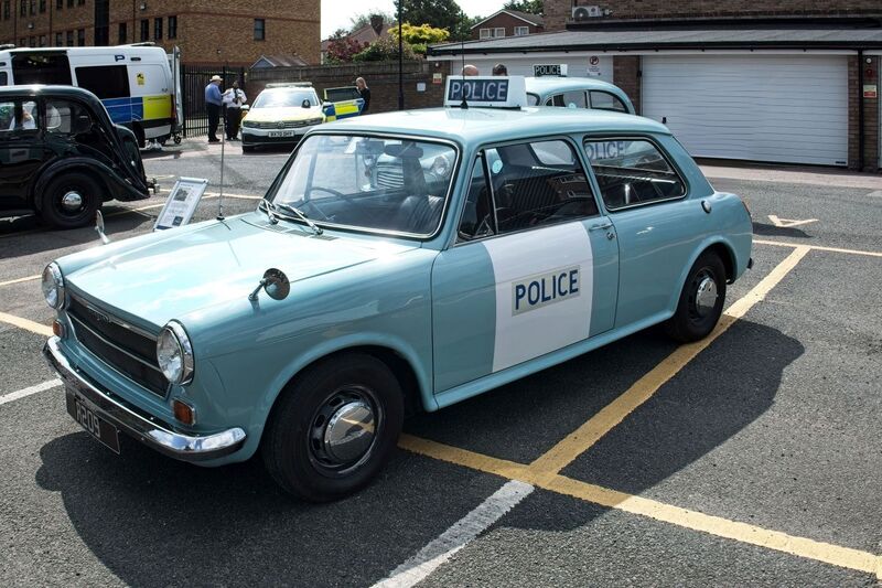 DC 25-0777-007.jpg :: Marlow House, Sidcup, Historic Police Cars Display: A Met Police 1973-79 Austin 1100 Mk. III police car. Part of the Metropolitan Police Historic Vehicle Collection. This Austin 1100 served as a patrol vehicle for sergeants, enabling them to cover local beat areas and maintain communication with beat officers. Photo taken 08-06-2025