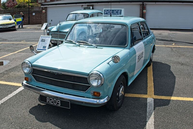 DC 25-0777-008.jpg :: Marlow House, Sidcup, Historic Police Cars Display: A Met Police 1973-79 Austin 1100 Mk. III police car. Part of the Metropolitan Police Historic Vehicle Collection. This Austin 1100 served as a patrol vehicle for sergeants, enabling them to cover local beat areas and maintain communication with beat officers. Photo taken 08-06-2025