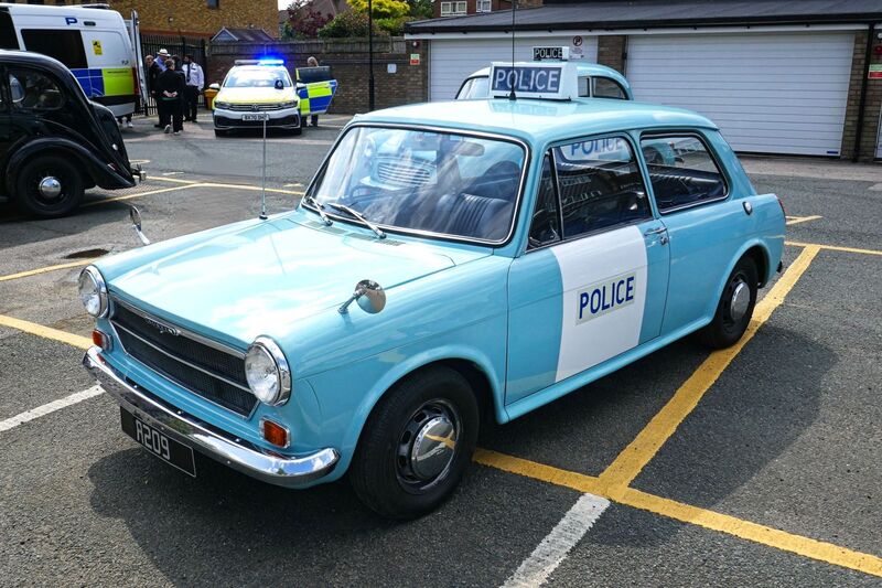DC 25-0777-010.jpg :: Marlow House, Sidcup, Historic Police Cars Display: A Met Police 1973-79 Austin 1100 Mk. III police car. Part of the Metropolitan Police Historic Vehicle Collection. This Austin 1100 served as a patrol vehicle for sergeants, enabling them to cover local beat areas and maintain communication with beat officers. Photo taken 08-06-2025