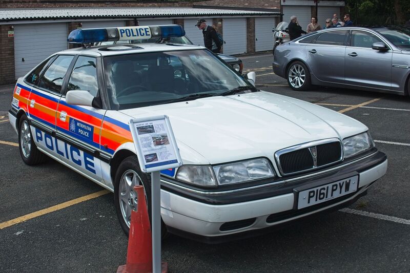 DC 25-0777-029.jpg :: Marlow House, Sidcup, Historic Police Cars Display: A Met Police 1996 Rover 827 I Fastback SI Auto. Part of the Metropolitan Police Historic Vehicle Collection. This Rover 827 served as a video equipped traffic car with the Metropolitan Police. This particular vehicle was equipped by the Mets in house workshop. Reg No. P161 PYW. Photo taken 08-06-2025