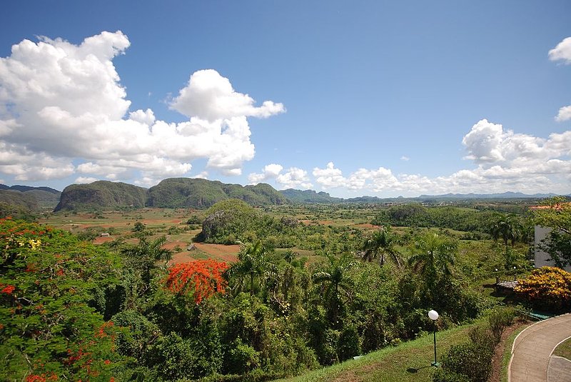DC 11-0255-012.jpg :: Viñales Valley, Cuba:- View from the vantage point by the Los Jasmines Hotel. Viñales is a beautiful and lush valley in Pinar del Río province of Cuba, with a population of around 10,000. It's about 26 kilometers north of the city of Pinar del Río, and was declared a UNESCO World Heritage Site. Cuba was once covered by limestone (\