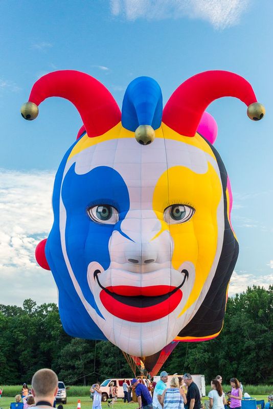 Carnival (DLM_20160805_041_0221_web).jpg :: Born in Brazil, this CARNIVAL balloon has 3 faces.  Owned by Missy and Mark they delighted crowds during the Great Chesapeake Balloon and Wine Festival at Triple Creek Winery in Cordova, MD