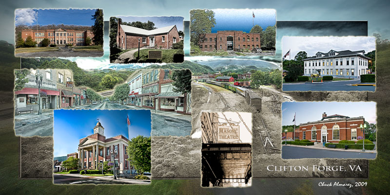 1-Comp-2 RTP.jpg :: Composite image created for Woman's Club of Clifton Forge highlighting significant buildings in the Town of Clifton Forge. Clockwise from top left: Clifton Forge High School, Clifton Forge Woman's Club, Clifton Forge Armory, CSX offices/Amtrak Station, US Post Office, Marqee at Masonic Theater, Town Hall, view of downtown Clifton Forge. Background image is of Smith Creek Railyard with C&O Railway Heritage Center highlighted in color.