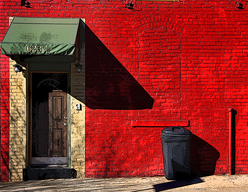 623.jpg :: 623 1/2 is located in Athens, WV. I was on the way back from visiting my daughter where she attends Concord Univ. I usually avoid shooting in bright sunlight but hard shadows usually make an exception to the rule. When the hard shadows combine with primary colors, the rule becomes \