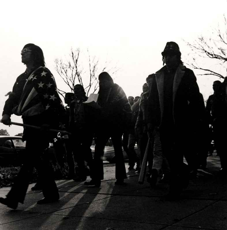 American Indian Movement - Washington DC.jpg :: In 1972, the American Indian Movement (AIM) literally took over the Bureau of Indian Affairs in Wash, DC. In this image, members of AIM walk with AIM leader Russell Banks to meet with representatives of the Nixon administration.