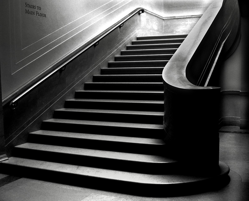 BW-Stairs to Main Floor.jpg :: This stairway is in the National Portrait Gallery. Visited there the summer of 2007. Couldn't use a tripod in the gallery so made the best of a hand-held shot. Loved the light and shadows. This one said B&W right from the beginning.