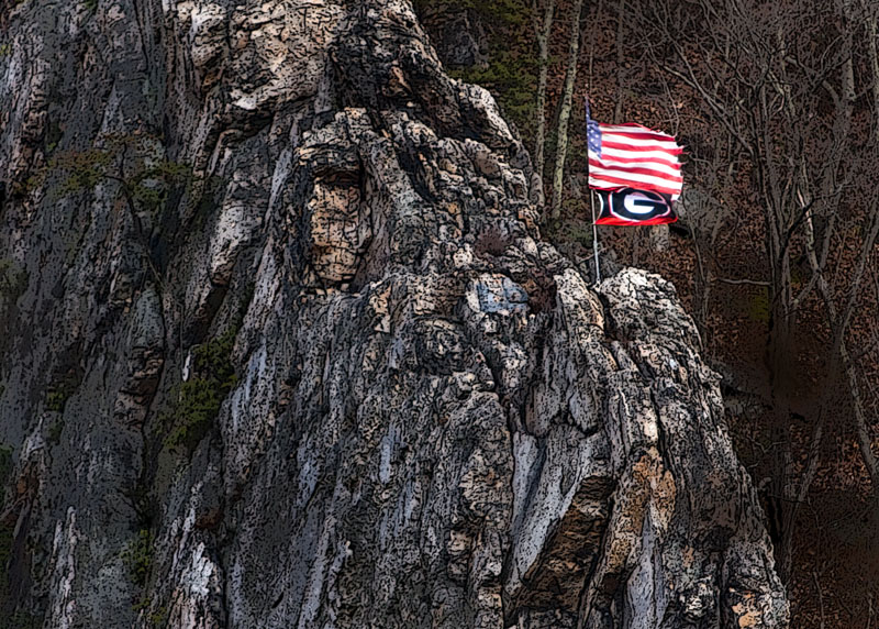 Bulldogs Flag_Color.jpg :: The University of Georgia Bulldogs flag flying underneath the Stars & Stripes on Devil's Backbone ridgeline in the Iron Gate Gap. This image is in full color.