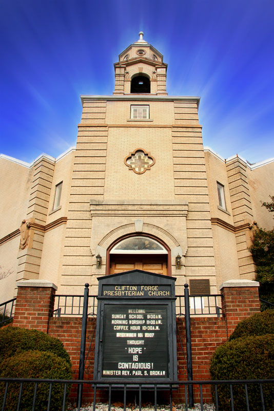 CF Pres Church.jpg :: There are so many powerlines and poles in front of the church that the number of angles for a decent shot are limited. Shooting almost straight up from the sidewalk is about the only way to get a clear shot. Used a little photoshop to add a special effect to the sky.