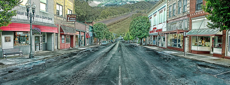 CF Town - Background Pano.jpg :: Artist's view of part of the downtown Clifton Forge shopping area with a few special effects added.