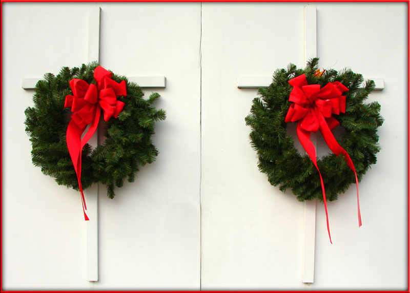 CFPC - Xmas Wreaths.jpg :: These doors are at the chapel entrance of the Clifton Forge Pres Church. The colors of the wreaths and the ribbons were a great contrast to the white of the doors. Had to take the shot.