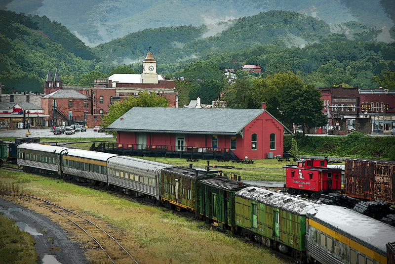 CO RHC FX.jpg :: This is a shot of the new (opened in 2008) C&O Railway Heritage Center. (Go to the Blacksmith Projects page to see the sign that Glen designed and built.) I took it right after a heavy Summer rainstorm. The mist was rising off the mountains in the background. With a tight crop, it reminded me of a scene from a European Village. Lot's of cleaning up of power lines in the foreground.