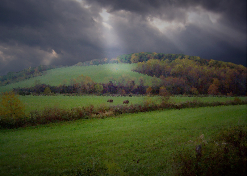 Clearing Storm.jpg :: This is an area called Big Hill on Rte 220 just out of Iron Gate. Saw this on the way to work one day and had to stop when the light filtered through the clouds. Pulled off on a road to the right and took the shot from the bed of my Subaru Baha. Reminded me of Ansel Adams shooting \