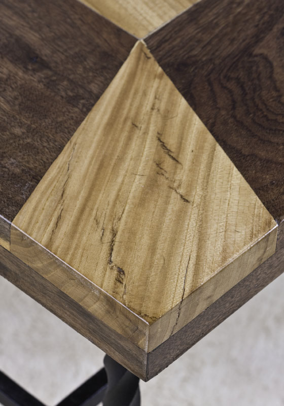 Coffee_Table_0083.jpg :: COffee Table detail of corner wood inlay. Dark wood is walnut, light wood is elm.