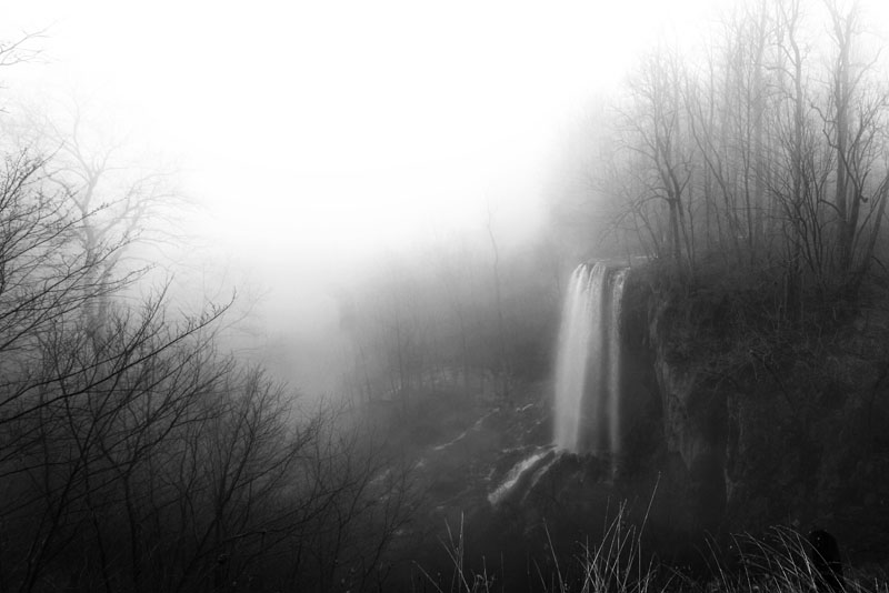 FS Pano-Top B.W.jpg :: Many of the scenes on this day were very muted in color because of the fog and mist. These reproduced well as b&w images. This shot from the top of the falls has very little detail but I like it just because of that. It describes the falls in a very different way than I'm used to seeing it.