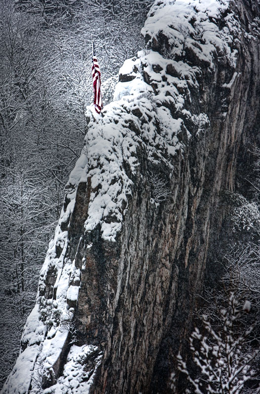 Flag in Snow-Devils Backbone1.jpg :: Flag in winter close-up at Devil's backbone outside of Clifton Forge.