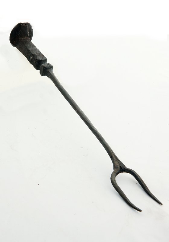 Fork - RR Spike.jpg :: $35.00 - This long-handled bar-b-q fork is drawn out from a single railroad spike. The handle still has the classic RR spike look and bears the marks of a hard life on the rails. The piece is approx 14\