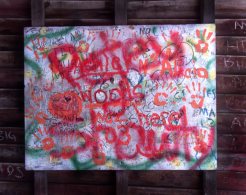 Grafitti - Humpback Bridge.jpg :: Somewhere along the way someone put up a white board to record the grafiti. Seems as though many have taken advantage of it. It's a trip thru time to read the names and dates.