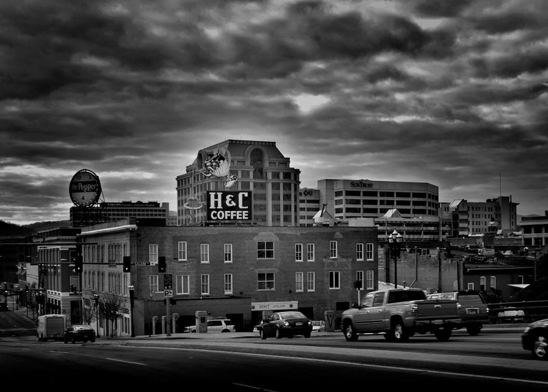 H-C Coffee Sign-1.jpg :: The H&C Coffee neon sign is a historic landmark in Roanoke, VA. Ironically, it and the Dr. Pepper sign a little further away, now share the city skyline with the roof of the Taubman Museum, an ultra-modern structure not a stones throw away.