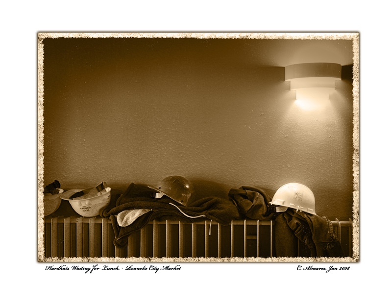 Hardhats Waiting for Lunch - 8x10 RTP.jpg :: At the food court in downtown Roanoke, VA. Construction workers from the nearby Taubman Museum left their hardhats waiting while they got a bite to eat. Interesting tableau with a nice accent from the wall sconce. 