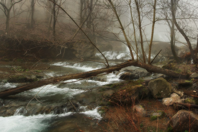 Lower Falls-FX.jpg :: This view is looking back at the main falls which are hidden by the fog. The colors in the background are muted by the fog and mist but the foreground colors are nice and saturated from the water. I added contrast by duplicating the background layer and changing the mode of the copy layer to \