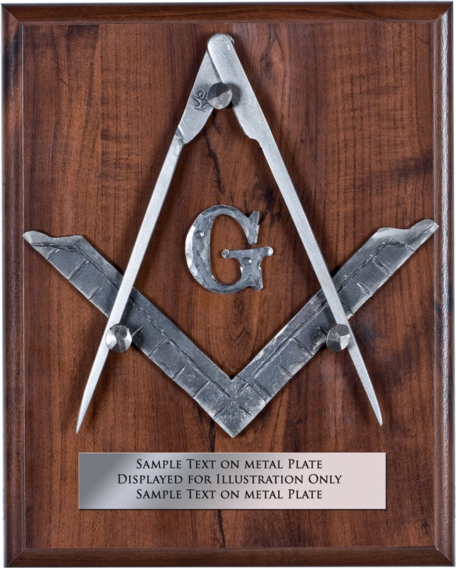 Masonic Plaque_RTP.jpg :: Masonic plaque hand-crafted by blacksmith Glen Bryant. Each of the mason tools can be lifted off the plaque and are fully functional. They are hand-forged and detailed from steel bars and mounted to the Cherry plaque on hand-forged nails. The tools are then lacquered to prevent rust. Each plaque take about two days to complete. Price includes USPS shipping in US.