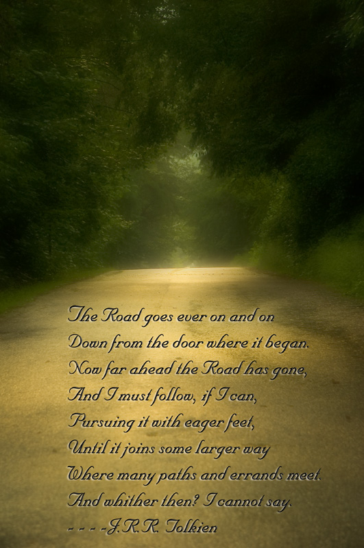 Prospect Walk - WIP.jpg :: Prospect Walk isn't 400 yards long, but it rises quickly from Jefferson St to Palace Blvd. I pass this street almost daily , but on this day the mist rising from the surface gave it an other-worldly appearance. Warmed up the color just a bit then added the words from Frodo Baggins.