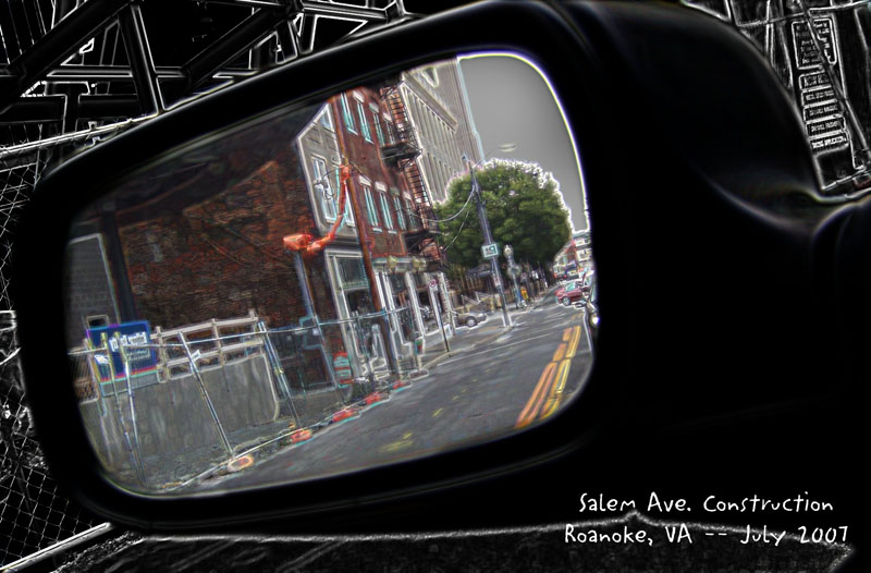Salem Ave Construction.jpg :: Some shots just sneak up on you, and some you look back to take. Stuck in traffic in a construction area when I took this shot in the rear view mirror. Played with a little Photoshop to alter the colors.