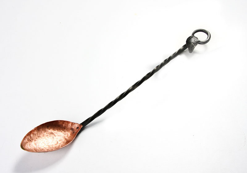 Spoon-Copper_005.jpg :: The handle on this copper spoon is approx 12 inches long and ends in a leaf with a loop for hanging. The bowl end is approx 3\