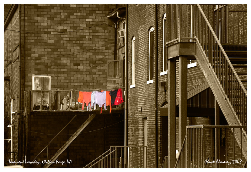 Tenement Laundry.jpg :: Another favorite shot that has been very popular. This scene is behind the old Belk building in downtown Clifton Forge. It reminded me of a what you would expect to see in New York or New Jersey or some other large city tenement. The laundry was so bright that it seemed to deserve a solo appearance.