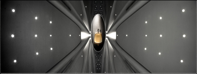 Urinal My Thoughts.jpg ::    This composite image is made up of two shots: the converging gray areas at left and right are mirror images of a ceiling at Reagan Nat'l Airport. Took that shot waiting for a plane to New Mexico. Loved the design and the converging lines and figured I could use it later on.
   The second shot is the urinal at the center of the image. Visited the men's room while visiting an art gallery in Santa Fe and came upon this urinal mounted on a black tile wall and shielded by gray marble walls while lit by a single heavenly spot from above. A visual epiphany! Immediately shot the image thinking of a print for my brother-in-law. But...couldn't get the print to work - until I added the ceiling taken earlier from the airport. Pure serendipity! The power of the converging lines (and the lines of the lights) draw your eye right to the subject at the center of the image.