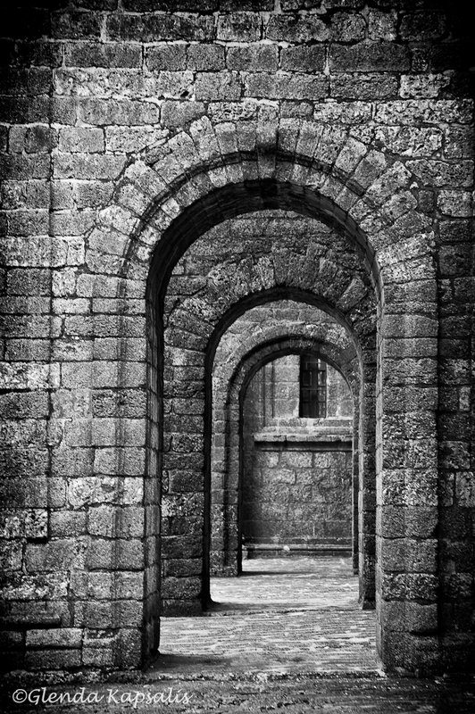 ArchesBW.jpg :: Stone arches on a Portuguese Church in Goa, India