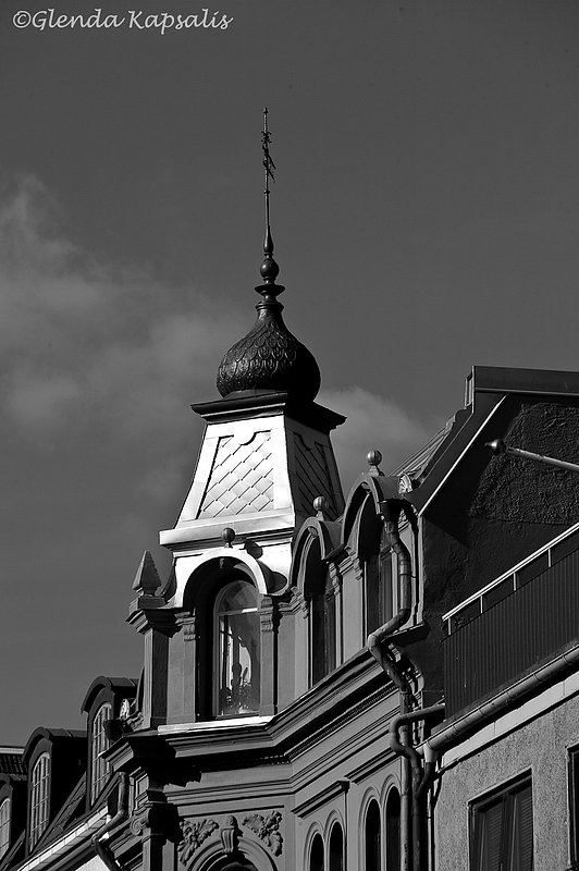 Kalmar_Architecture3_SwedenBW.jpg :: Architectural detail of turret in Kalmar, Sweden