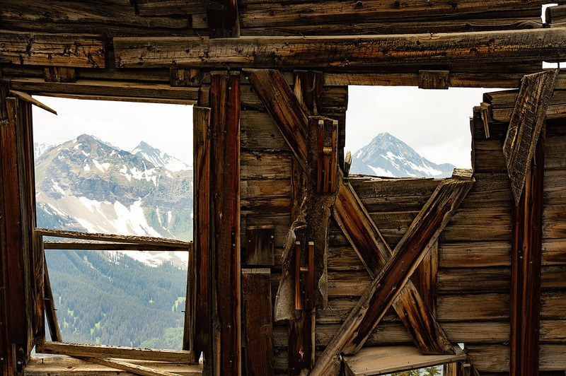 Lizard Head and Wilson Peaks Through Window Alta Ghost Town CO GTAL-0399s.jpg :: Lizard Head and Wilson Peaks Through Window of Ruined Cabin Alta Ghost Town Colorado GTAL-0399s