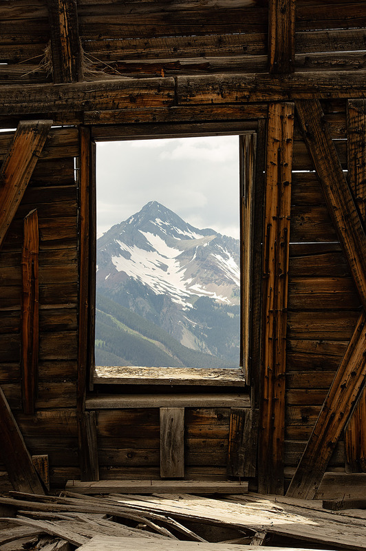 Wilson Peak Through Window Alta Ghost Town CO GTAL-0393shz.jpg :: Wilson Peak Through Window of Ruined Cabin Alta Ghost Town Colorado GTAL-0393shz