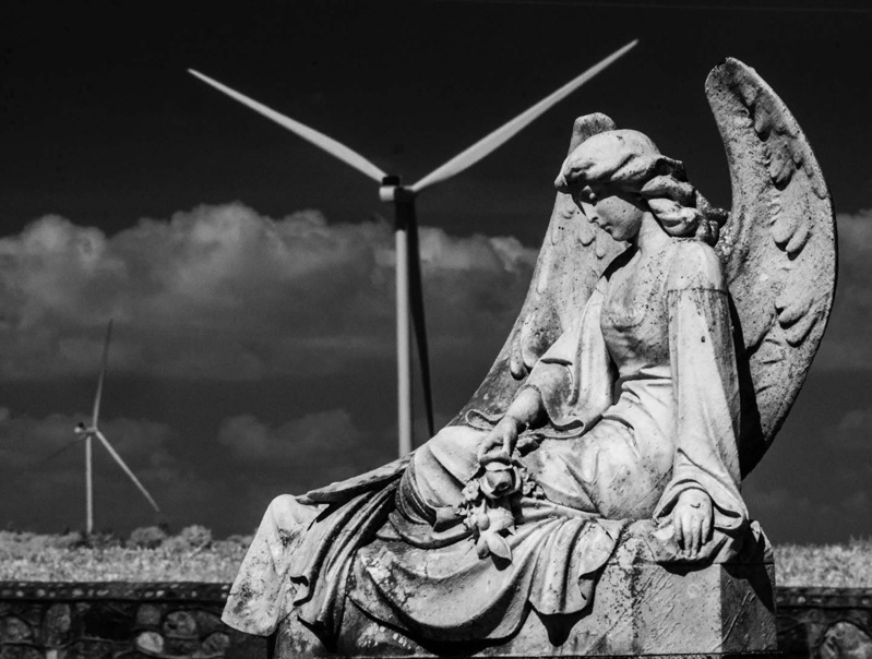 AngelTurbine_Redframe.jpg :: The Angel and Wind Turbines at Fairview Cemetery