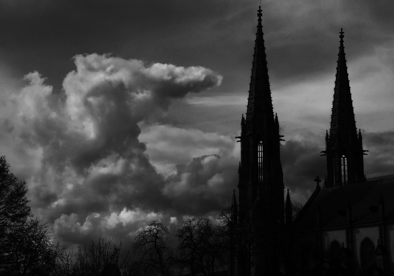 FranceSteeples_ExRedframe.jpg :: The twin steeples of St. Pierre and Paul Church, Obernai France