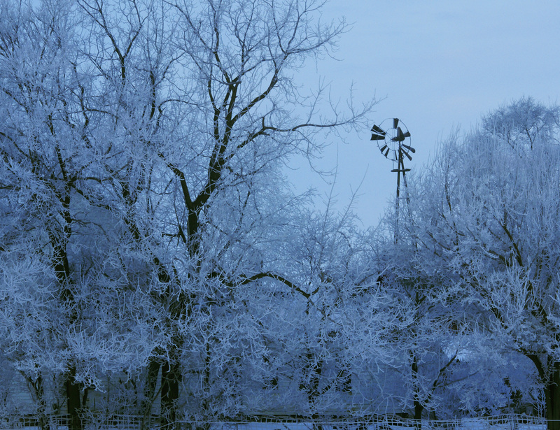 FrostWindmill_Redframe.jpg :: Hoar Frost and Windmill, Piatt County, Illinois