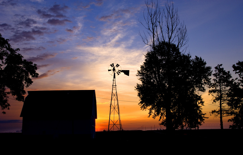 SunriseWindmill.jpg :: Old Windmill and Barn at Sunrise, Near Cisco, Piatt County