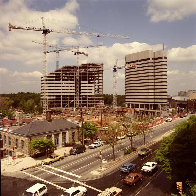 8405000-AC Bethesda Hyatt Metro Centre under construction Wisconsin Ave looking N 1984.jpg