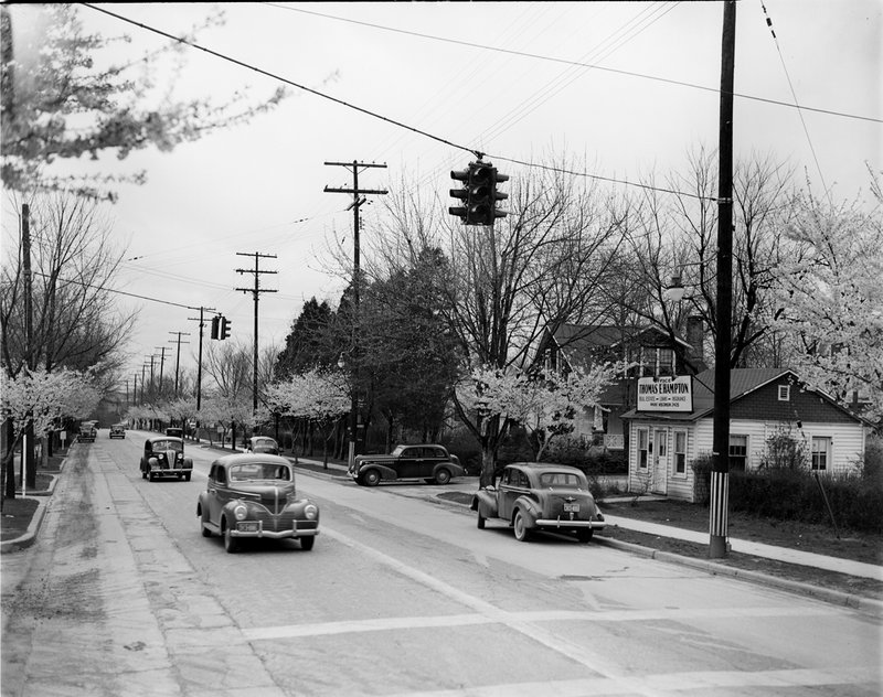 123A Cherry Blossoms on Wisconsin Ave at West Virginia Ave Bethesda 1939.jpg :: 123A, Cherry Blossoms on narrow Wisconsin Ave at West Virginia Ave 1938