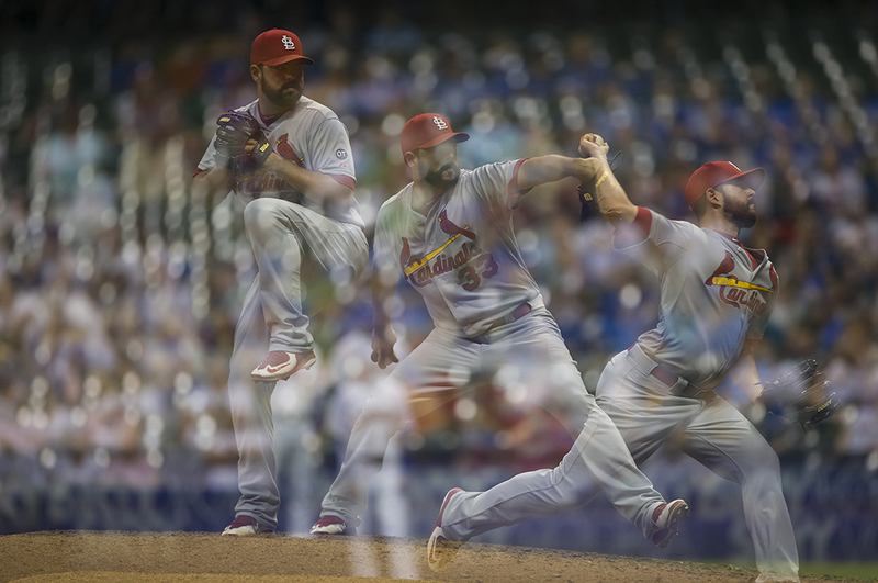 157 web.jpg :: August 07, 2015: Multiple exposure of St. Louis Cardinals relief pitcher Carlos Villanueva #33 delivers a pitch in the Major League Baseball game between the Milwaukee Brewers and the St. Louis Cardinals at Miller Park in Milwaukee, WI. John Fisher/CSM