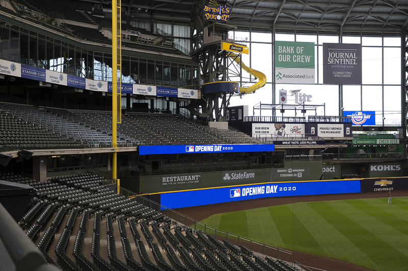 20200803_0002web(1).jpg :: August 3, 2020: Empty Miller Park gets ready for the opening day of the Major League Baseball game between the Milwaukee Brewers and the Chicago White Sox at Miller Park in Milwaukee, WI. John Fisher/CSM